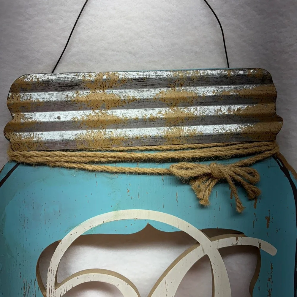 Rustic Farmhouse Mason Jar Wall Decor‎ Distressed Aqua Letter D Monogram Hanging